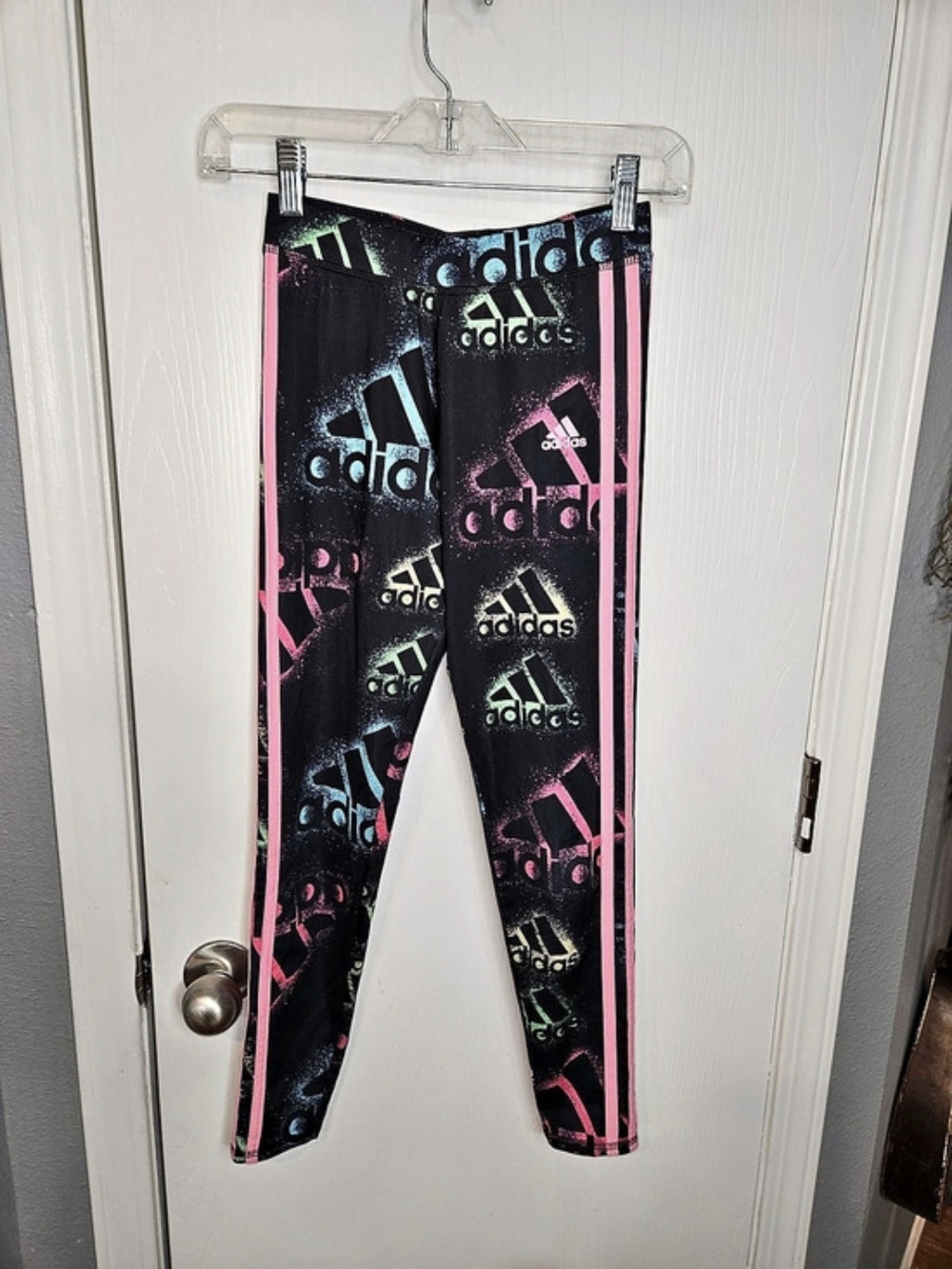 adidas Girls Black Multi-Color Spray Paint Graffiti Logo Full Length Sport